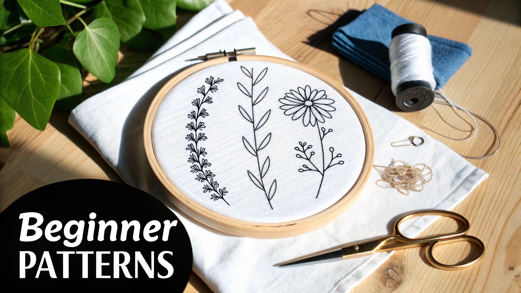 A finished embroidery project with a floral pattern and the text "be kind to yourself" stitched in the center.