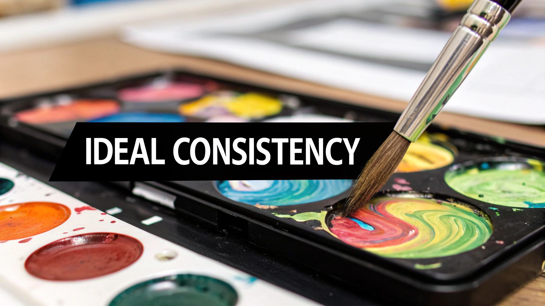 A hand holds a paintbrush with white paint, demonstrating a smooth and ideal consistency for painting, with a paint palette and canvas in the background.