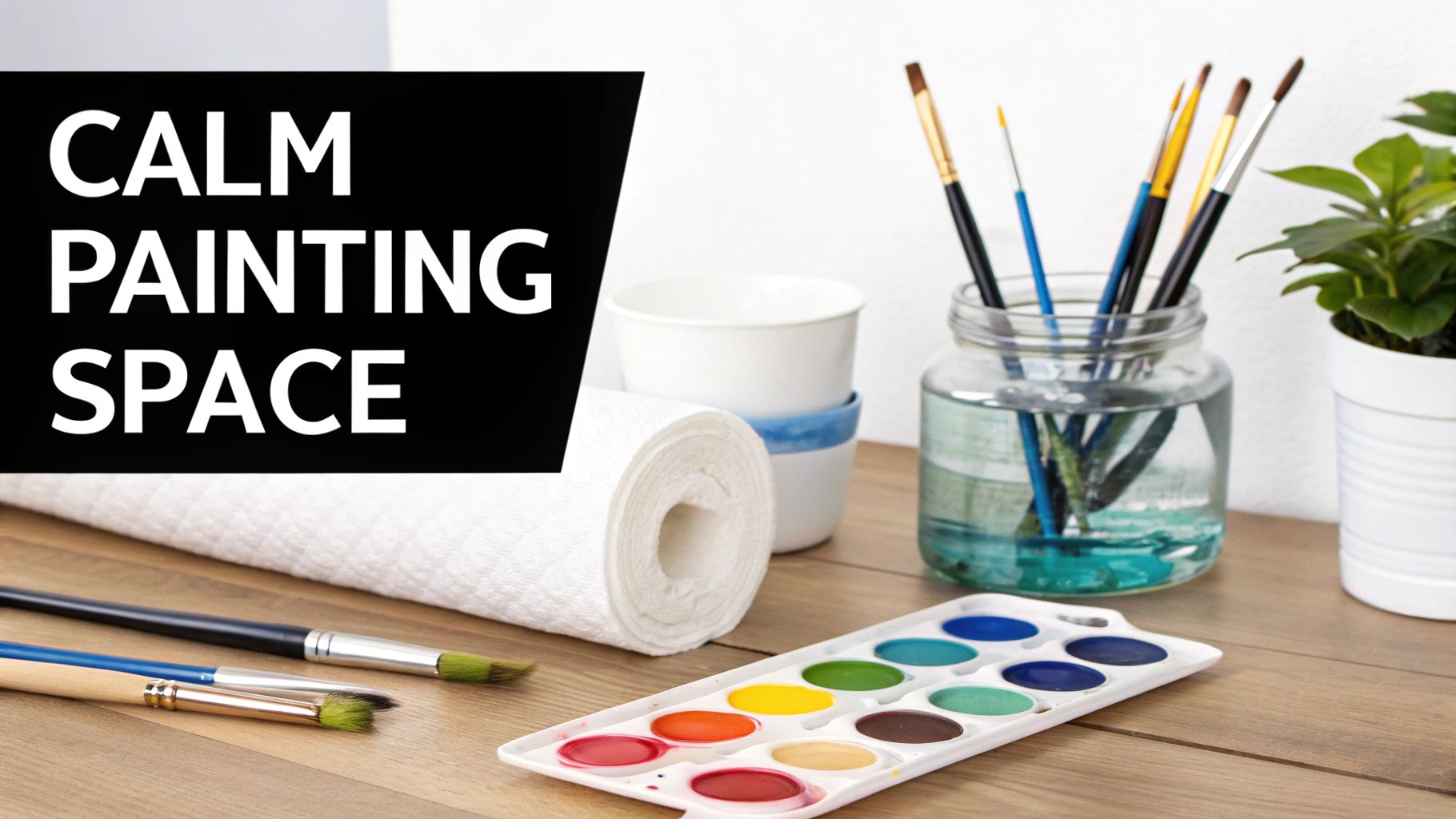 A serene painting setup with watercolors, brushes, water jar, paper towels, and a potted plant on a wooden desk.