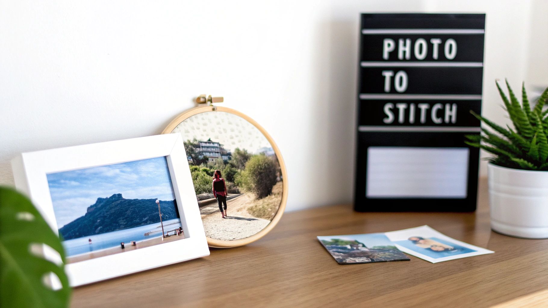 A desk setup with framed photos, a mirror, a letter board displaying 'PHOTO TO STITCH', and a green plant.