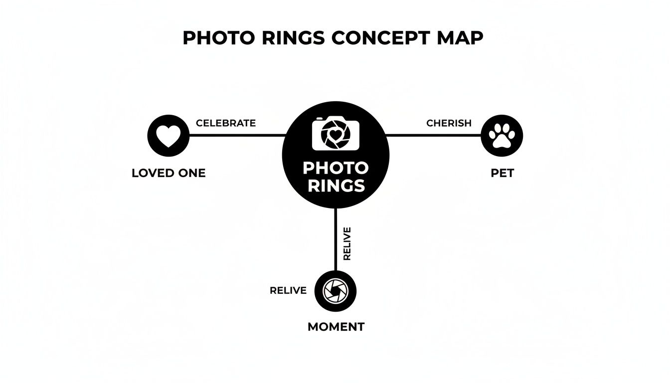 A concept map showing Photo Rings connected to Loved One, Pet, and Moment, with actions Celebrate, Cherish, and Relive.