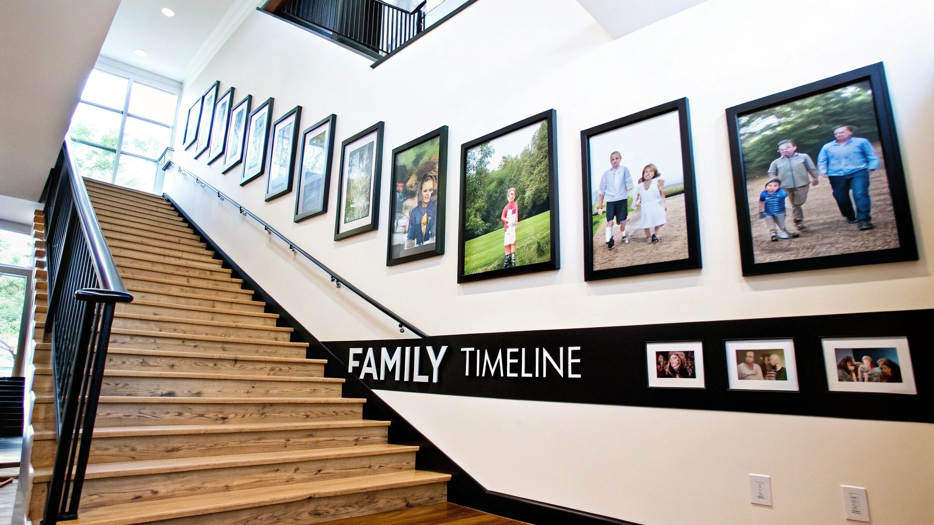 A long wooden staircase leads up past a wall adorned with a multi-generational family photo timeline.