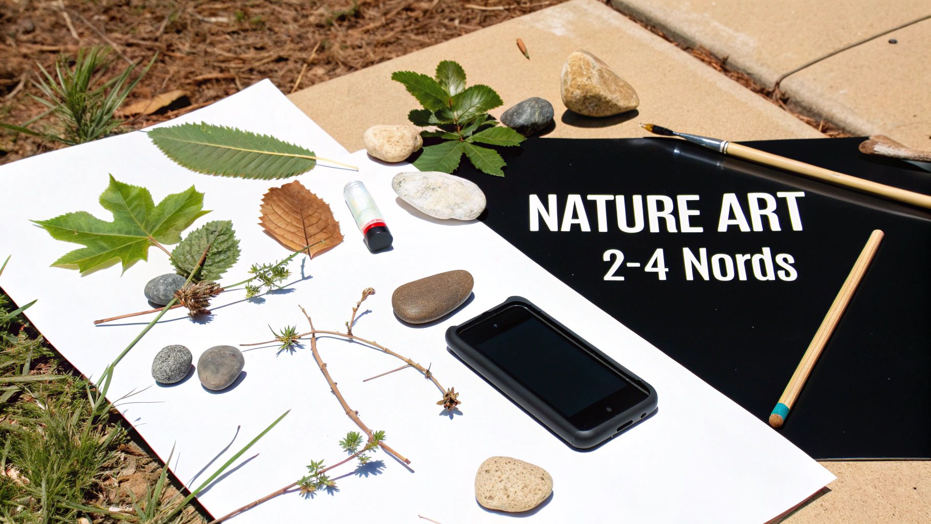 Various leaves, stones, and twigs arranged on paper for nature art, with paintbrushes and a smartphone nearby.