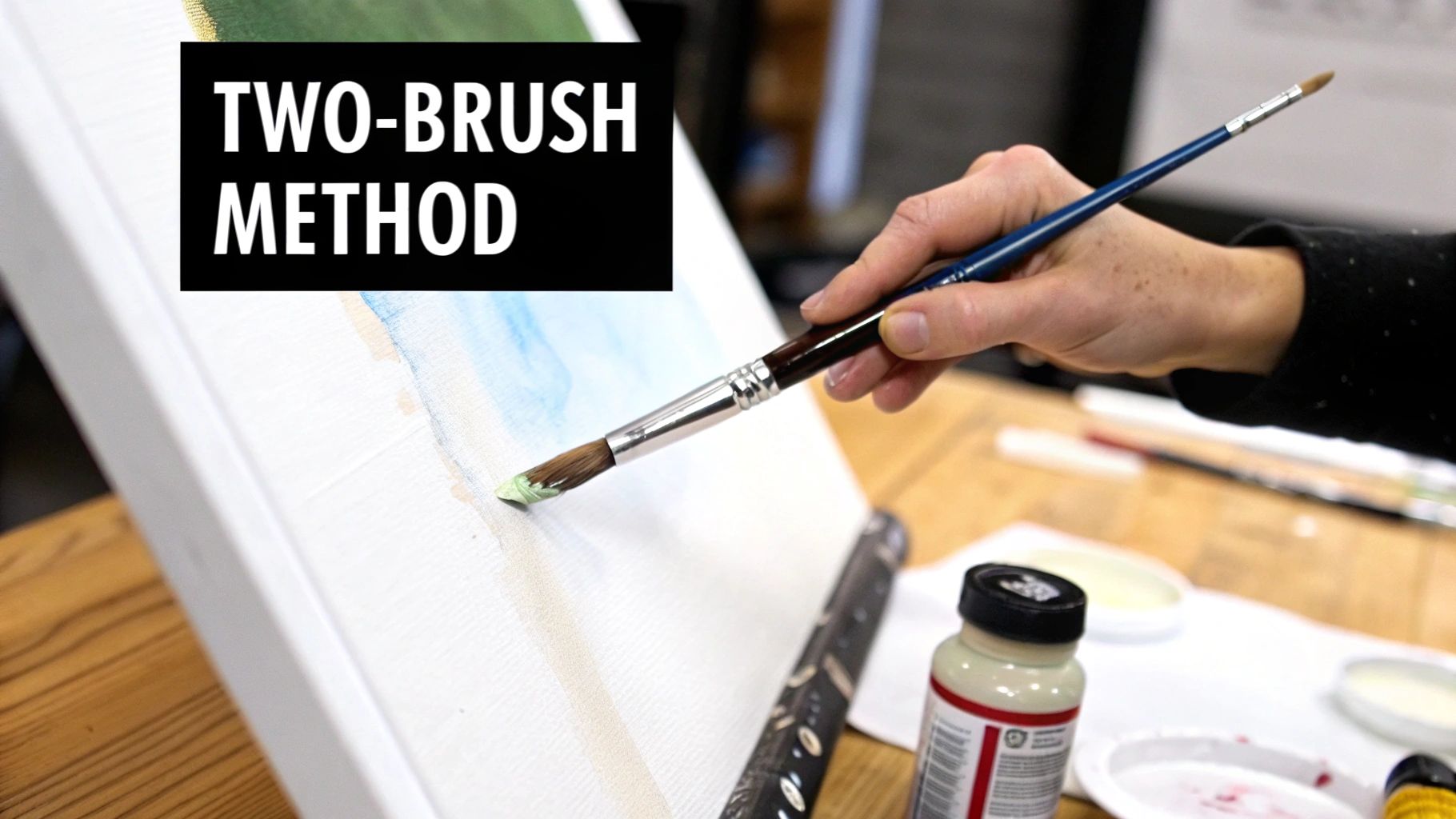 A hand demonstrates the two-brush method, applying light green paint to a white canvas.