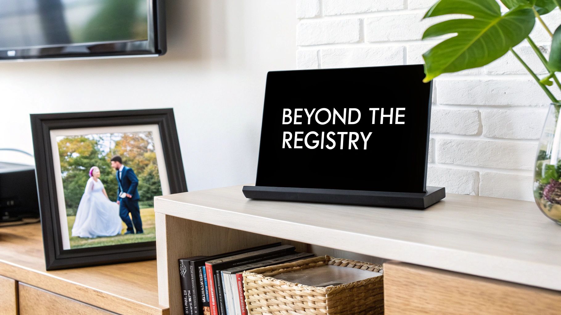A framed wedding photo and a digital display showing 'BEYOND THE REGISTRY' on a modern shelf.