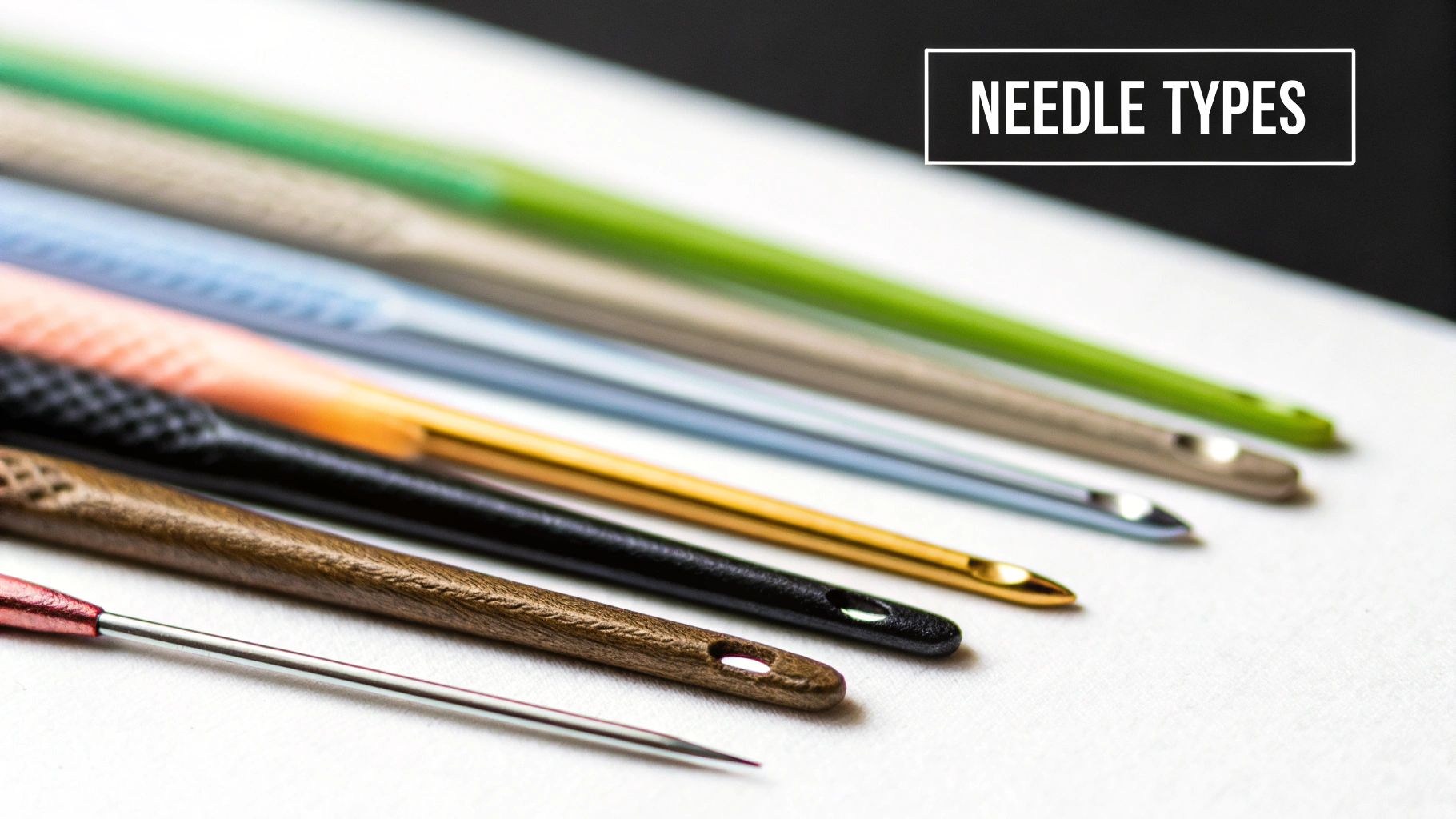 Close-up of a blunt tip tapestry needle next to Aida fabric