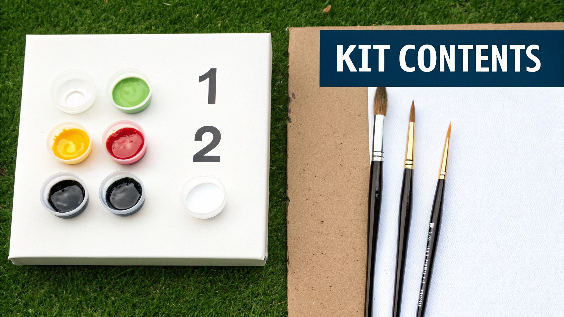 A custom paint your pet by number kit laid out, showing the canvas, paints, and brushes.