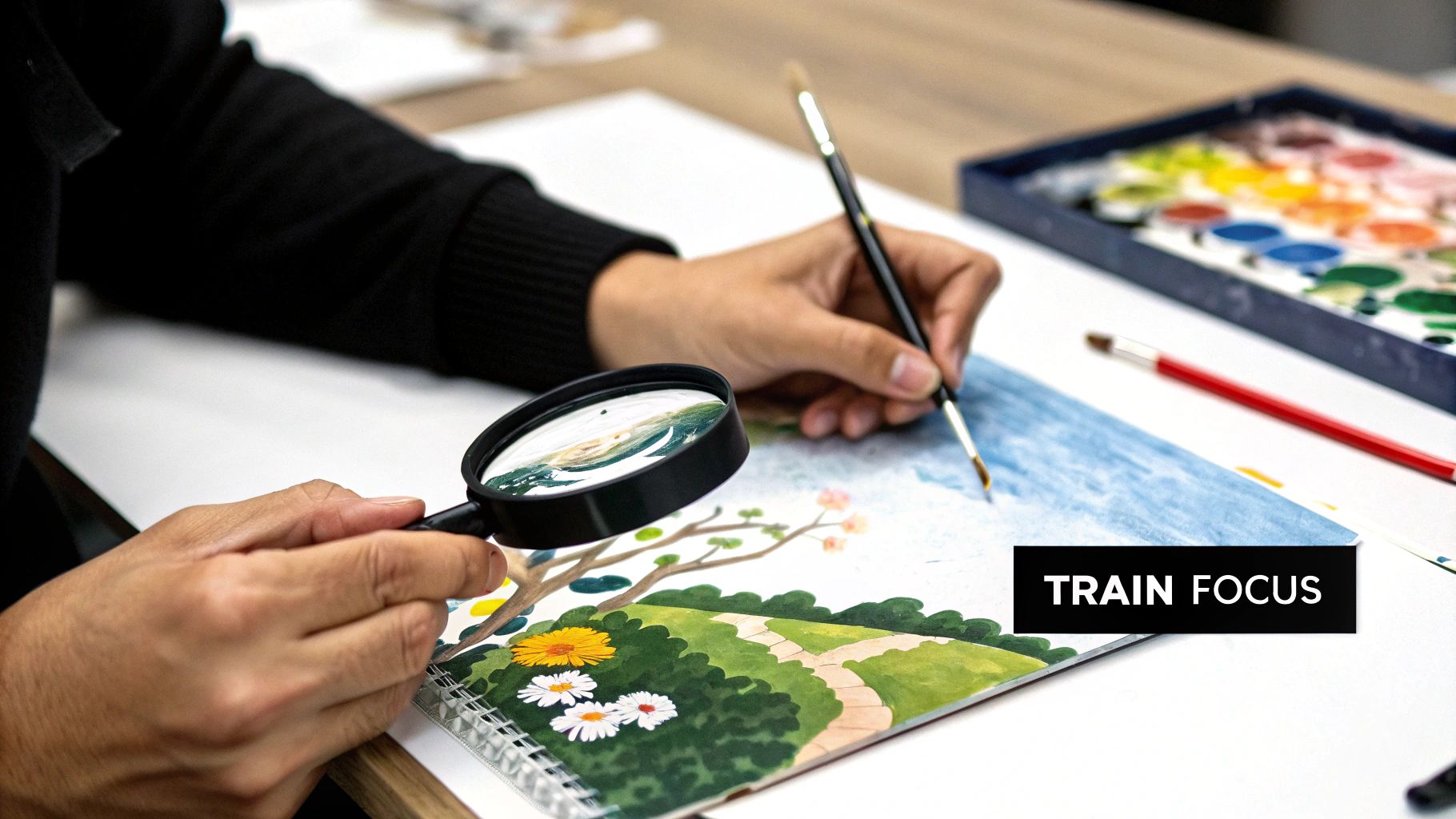 A person meticulously painting a vibrant landscape with watercolors, using a paintbrush and a magnifying glass.