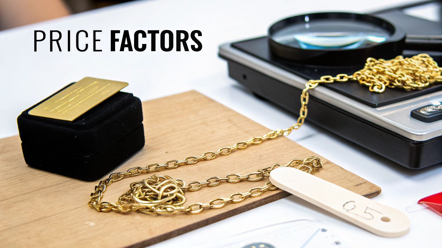 Gold chain, gold bar, scale, and magnifying glass on a table, illustrating price factors.
