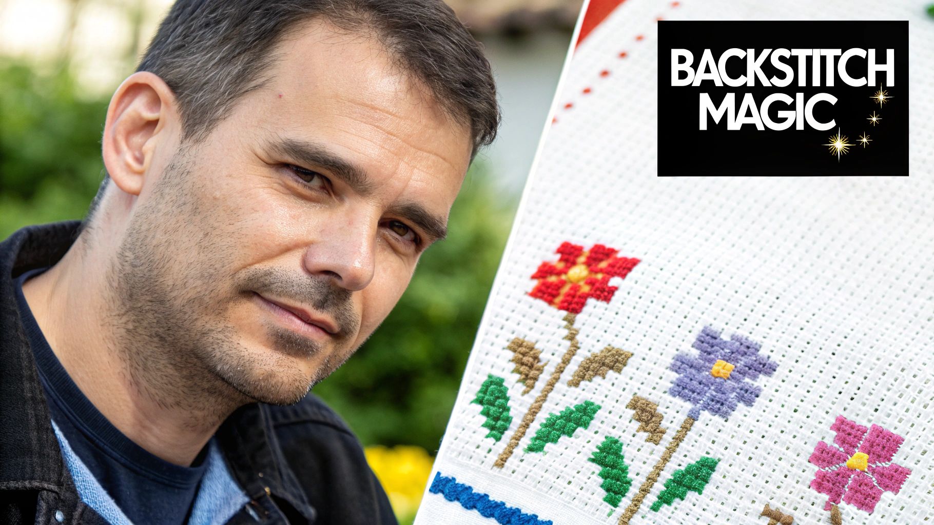 A man smiling at the camera next to a close-up of cross-stitched flowers and "BACKSTITCH MAGIC" logo.