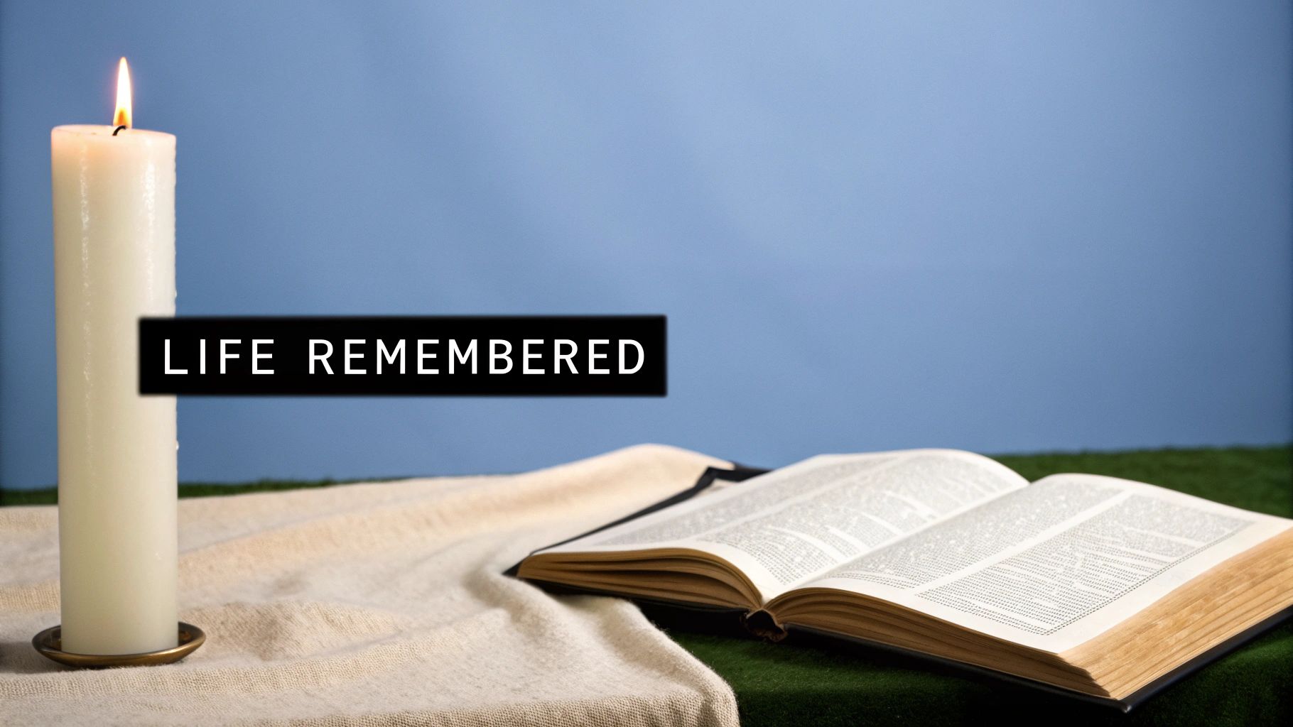 Lit white candle beside open book with Life Remembered text memorial tribute display