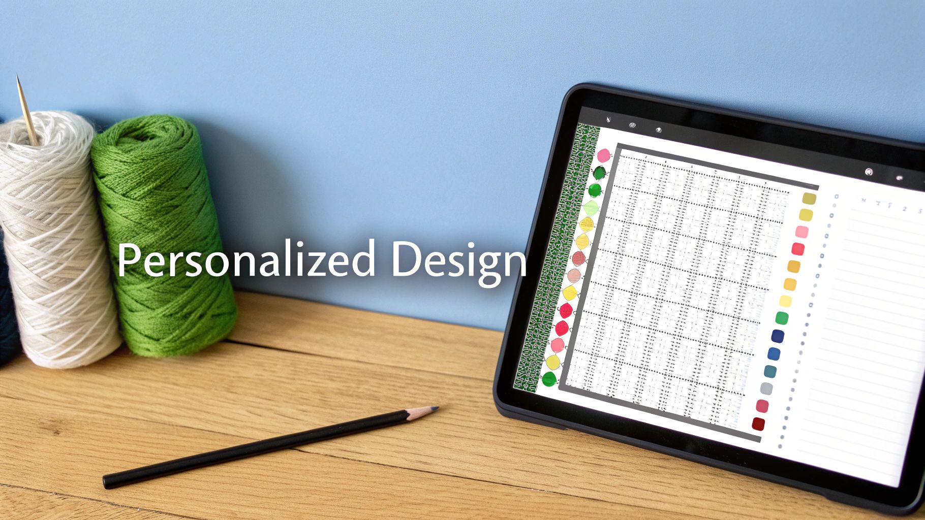 Tablet displaying colorful cross stitch pattern design software with yarn spools and pencil on wooden desk