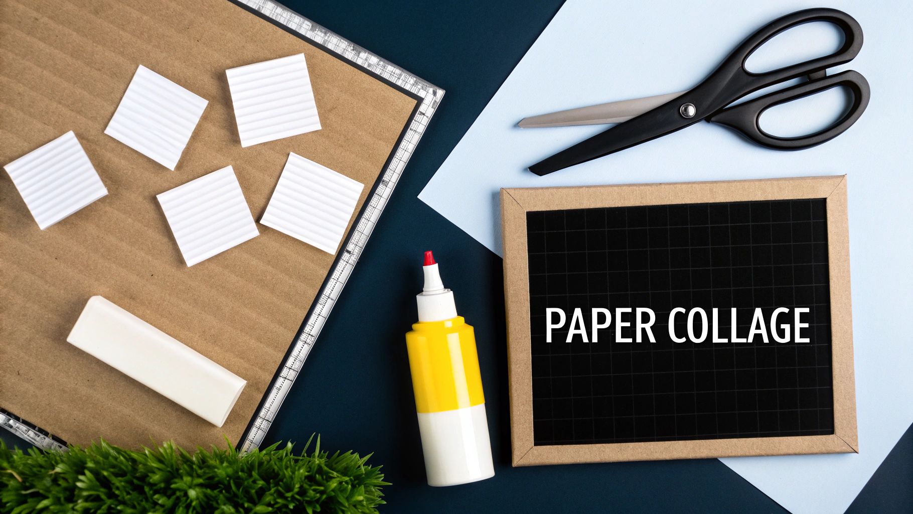 A flat lay of paper collage art supplies with glue, scissors, white corrugated squares, and a chalkboard sign.
