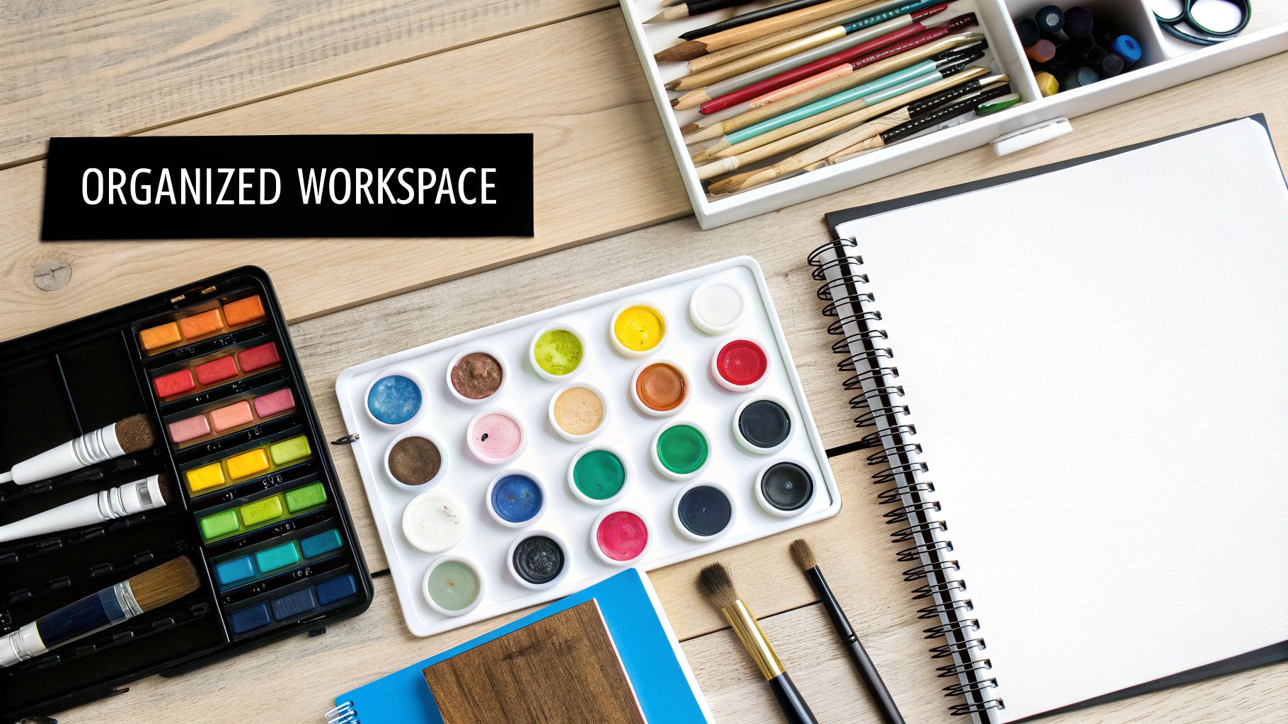 An organized paint-by-numbers workstation showing paints in order, clean water, and good lighting on a desk.