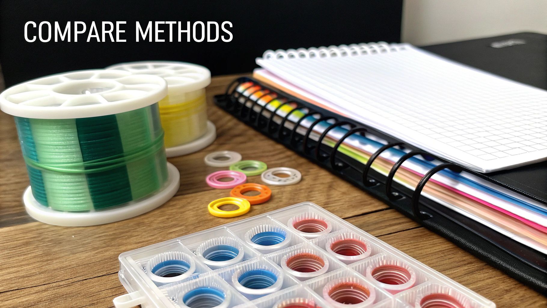 Several clear plastic organisers filled with colorful cross stitch threads wound onto bobbins.