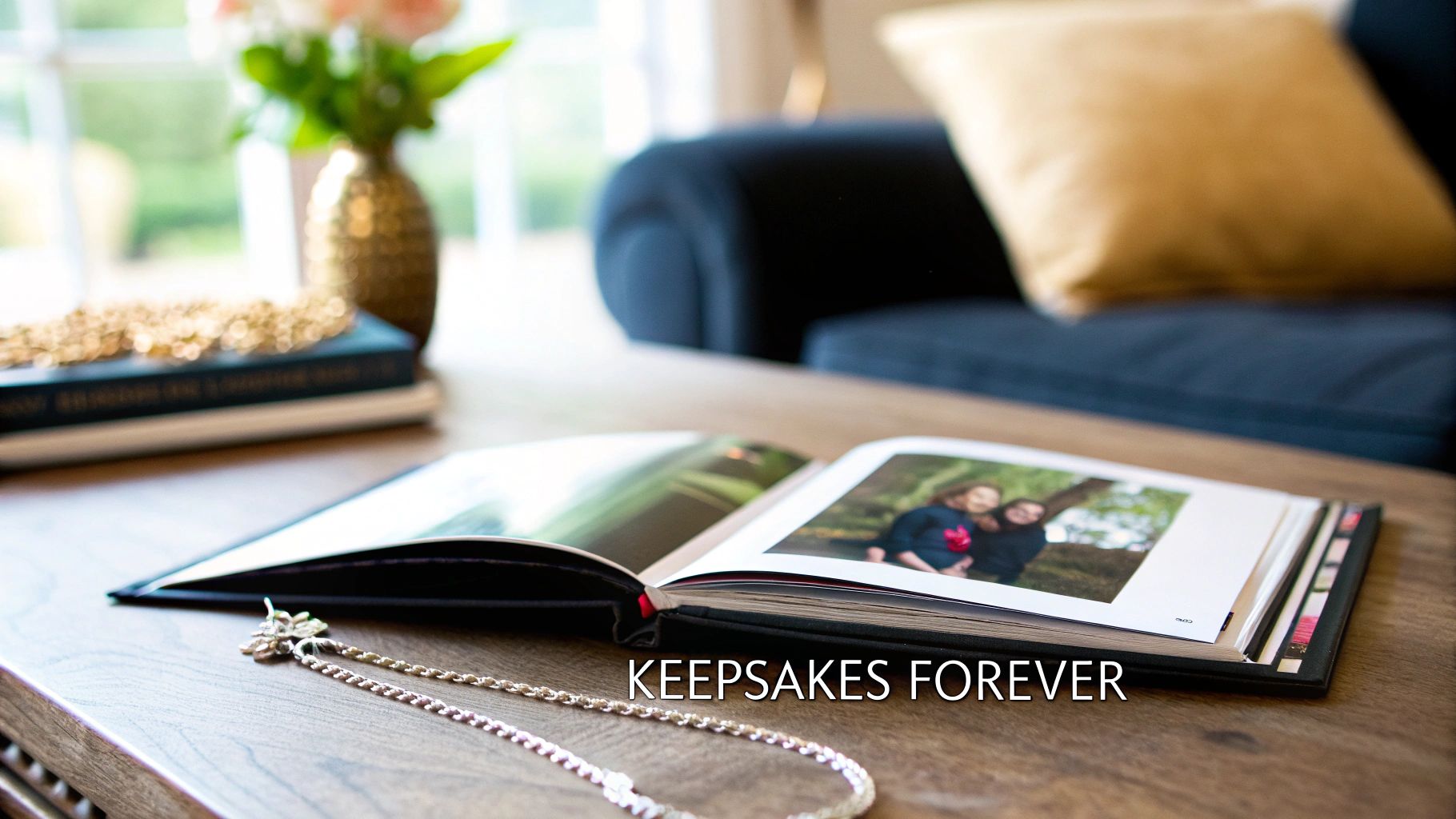 An open photo album on a wooden table displaying a picture of two smiling women, with a necklace nearby.