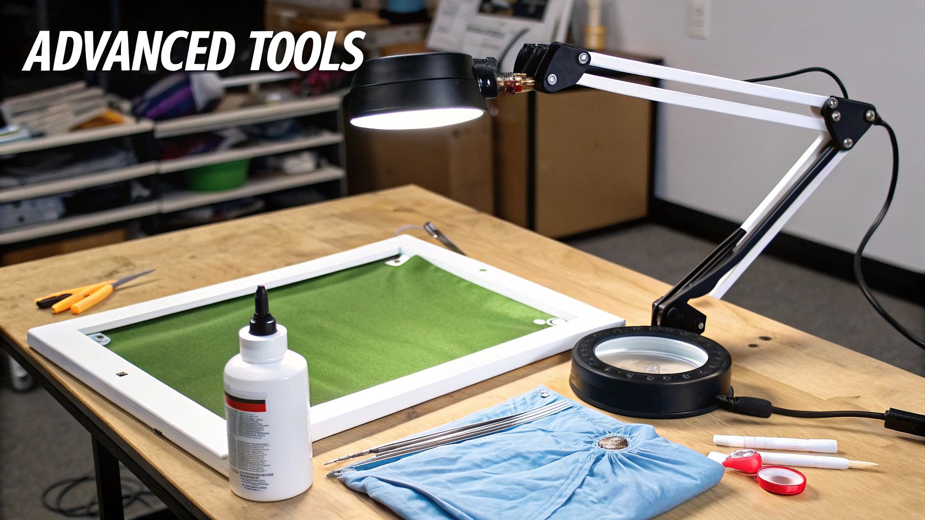 A wooden workbench with advanced crafting tools, a magnifying lamp, and a frame with green fabric.