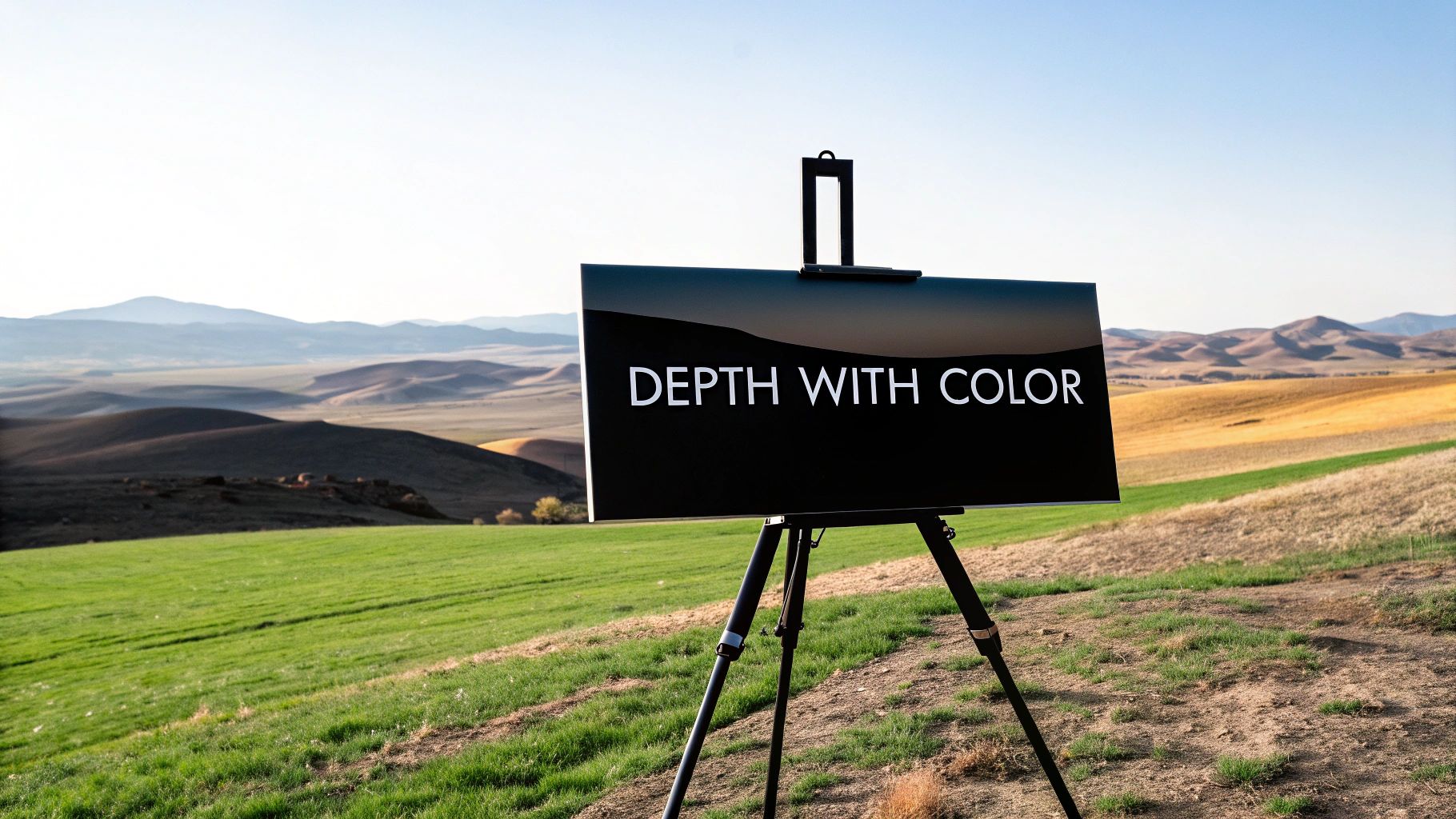 Professional teleprompter displaying depth with color text against scenic landscape background with rolling hills