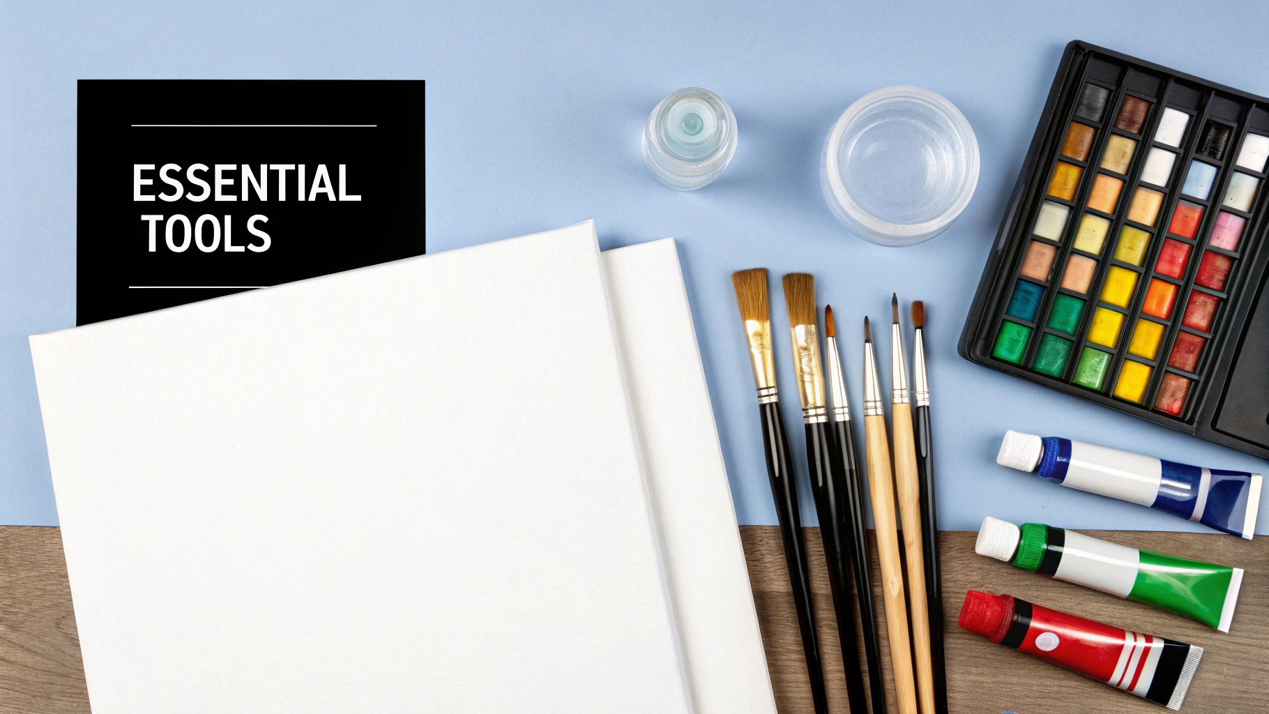 Essential art tools including canvases, brushes, watercolors, and paint tubes on a blue background.