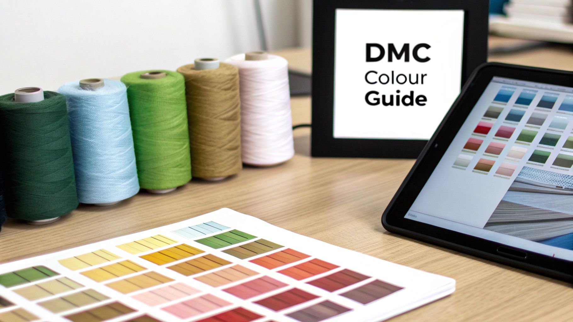 A colourful assortment of DMC embroidery threads arranged neatly in a wooden box.