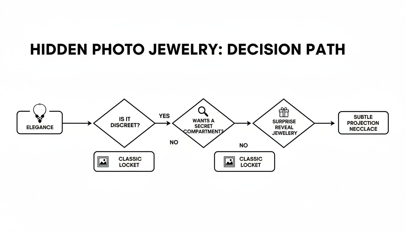 Flowchart guiding decision-making for hidden photo jewelry, including options for discretion and secret compartments.