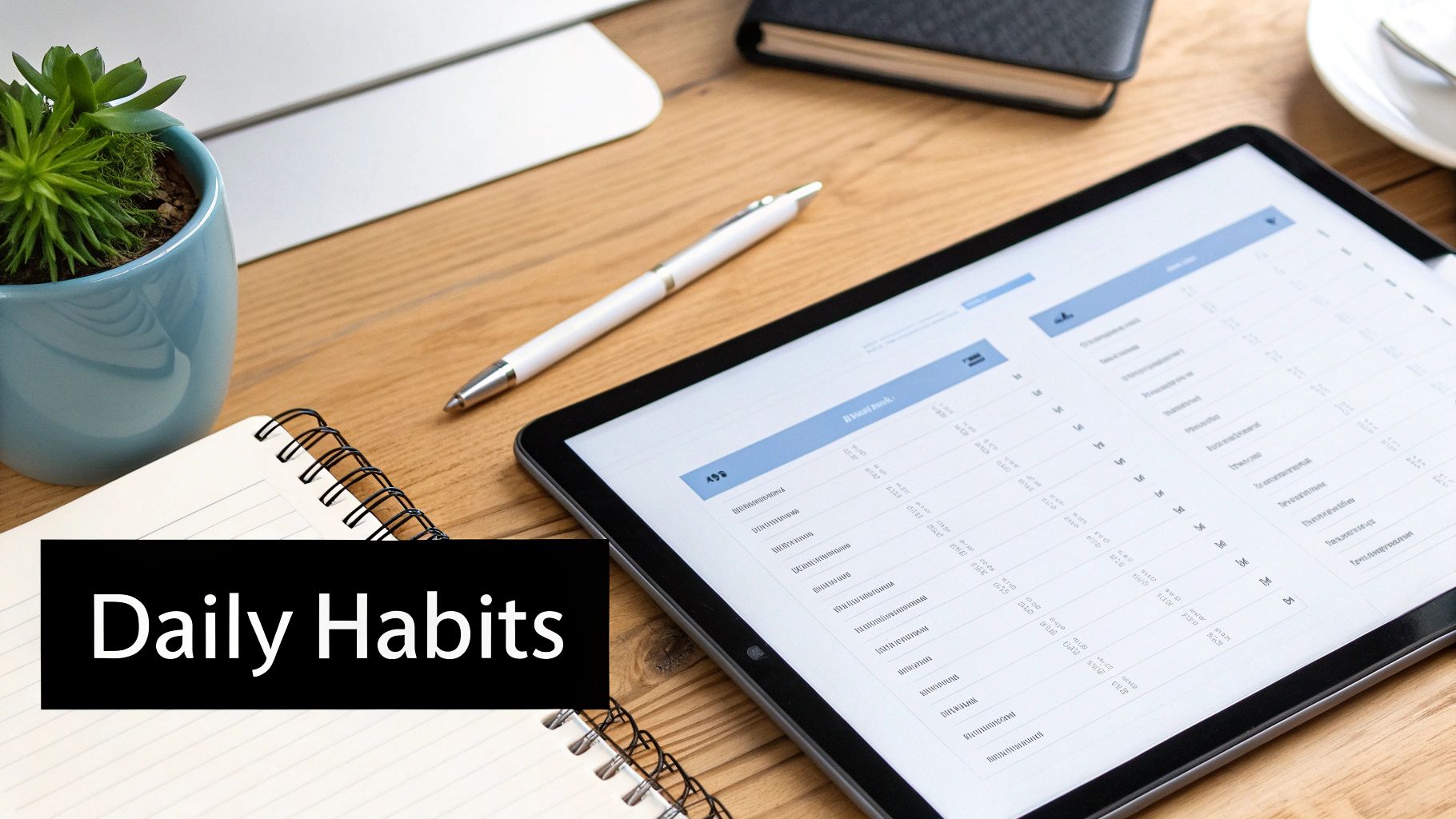 A flat lay of a wooden desk with a tablet displaying data, a notebook, a pen, and a plant, with 'Daily Habits' text overlay.