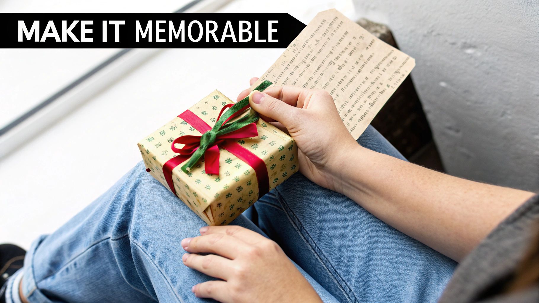 A person holds a beautifully wrapped gift box with a red and green ribbon, and a handwritten card.