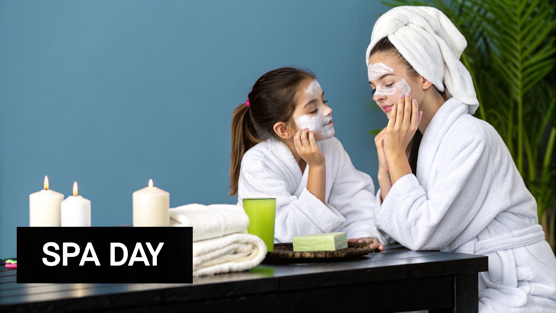 Mother and daughter in bathrobes applying facial masks together during relaxing spa day