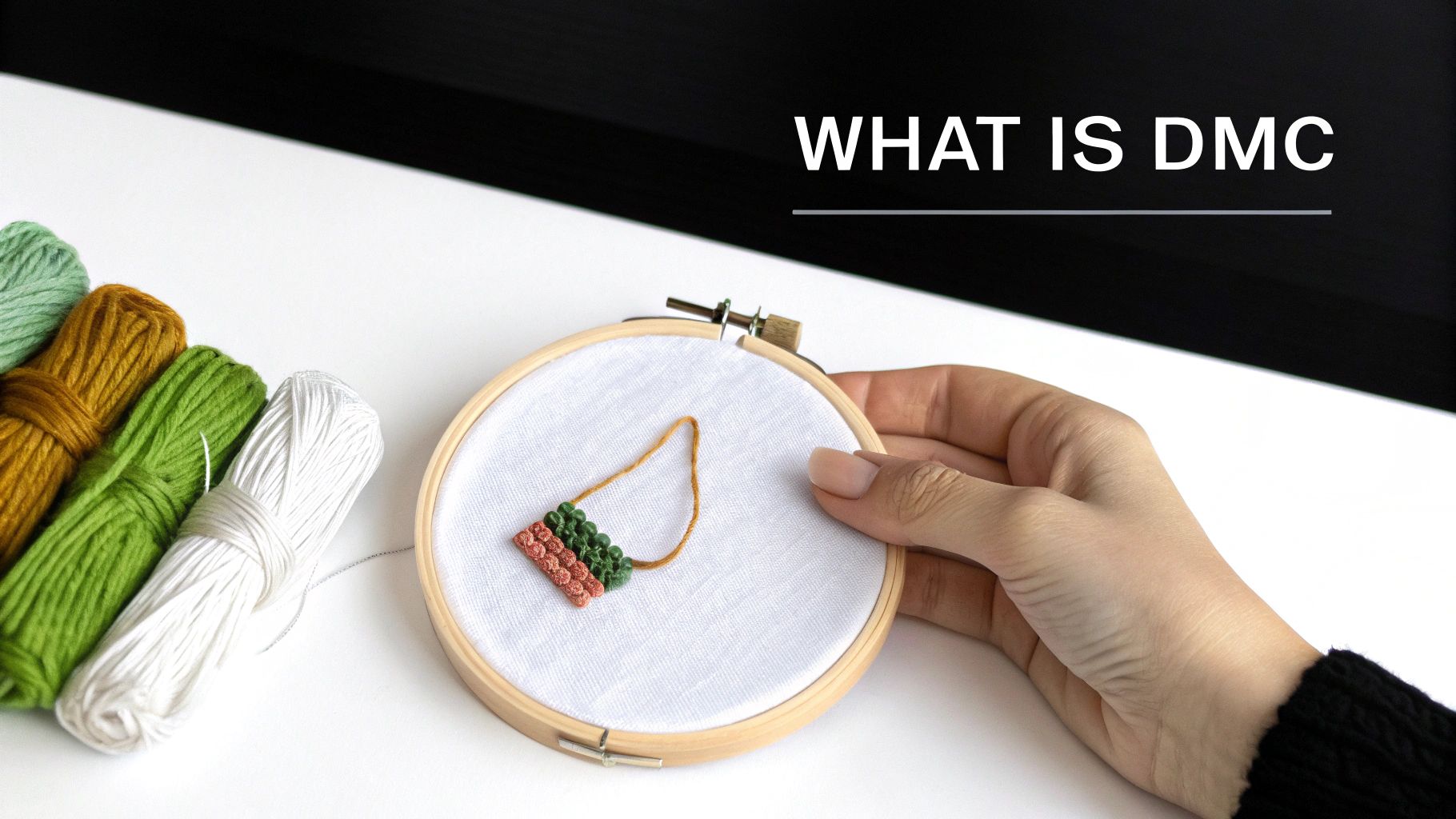 A person's hand holds an embroidery hoop with a small stitched design, alongside bundles of colorful embroidery floss, asking 'What is DMC'.