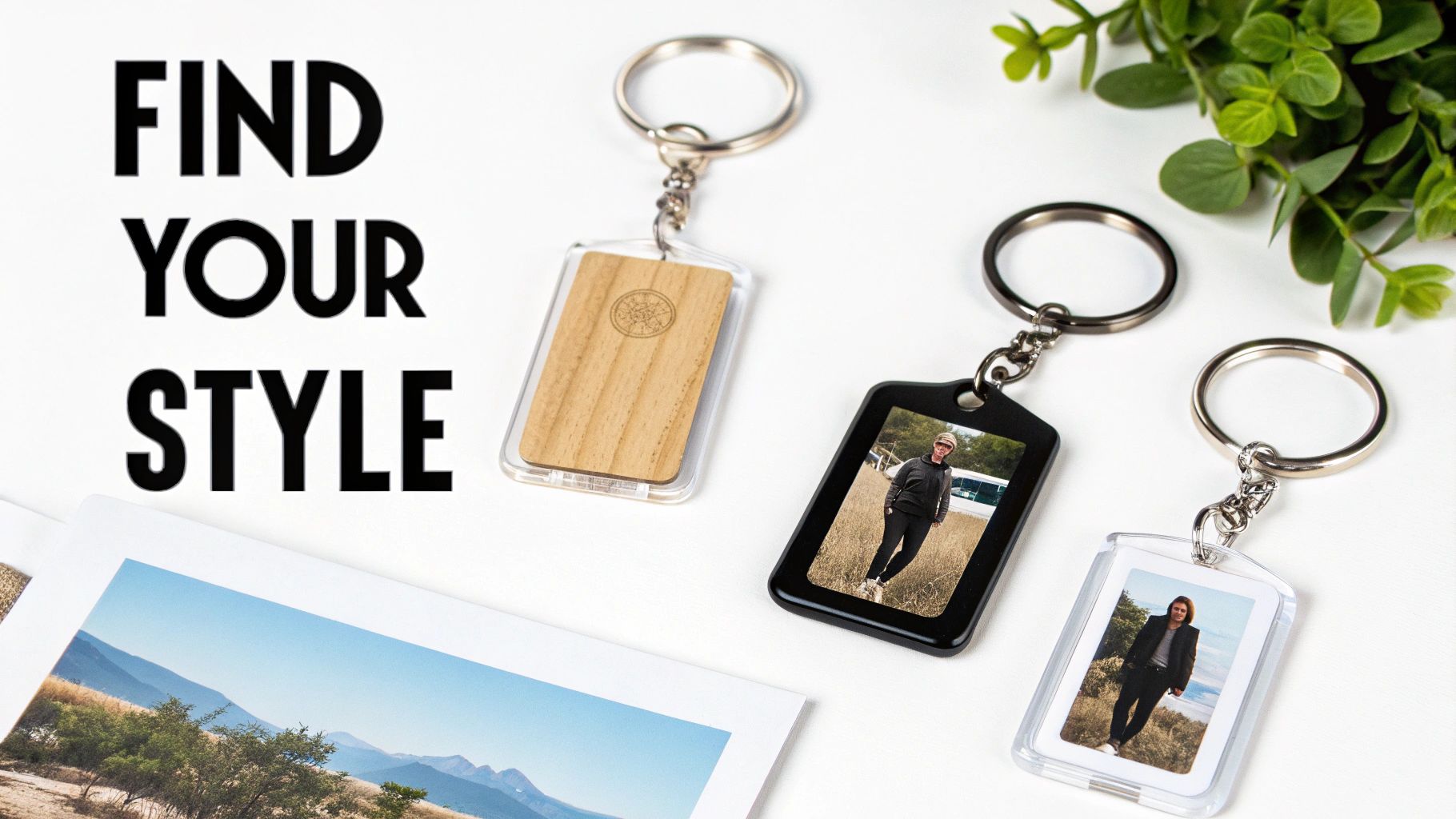 A collection of different styles of keychains with pictures, including a metal engraved one, a plastic insert, and a projection keychain, arranged on a wooden surface.