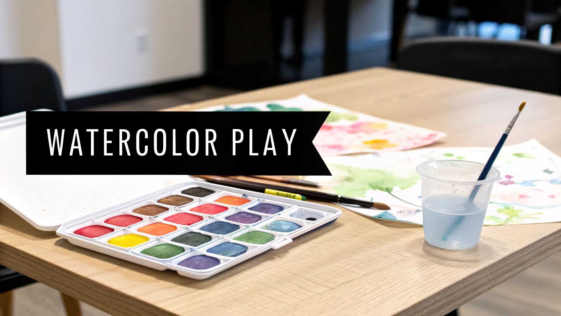 A close-up of a table with a watercolor paint set, brushes, water cup, and finished paintings.
