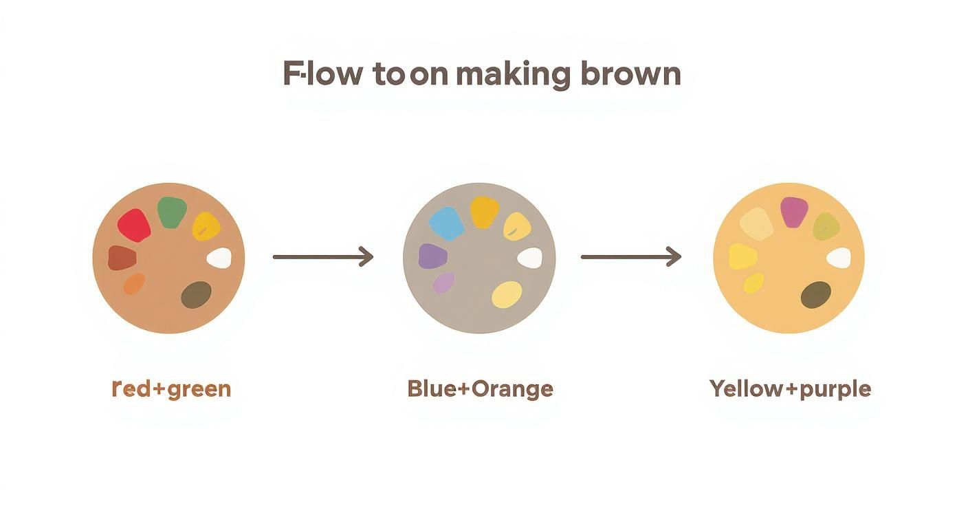 A diagram illustrating three methods to mix brown paint using complementary colors on palettes.
