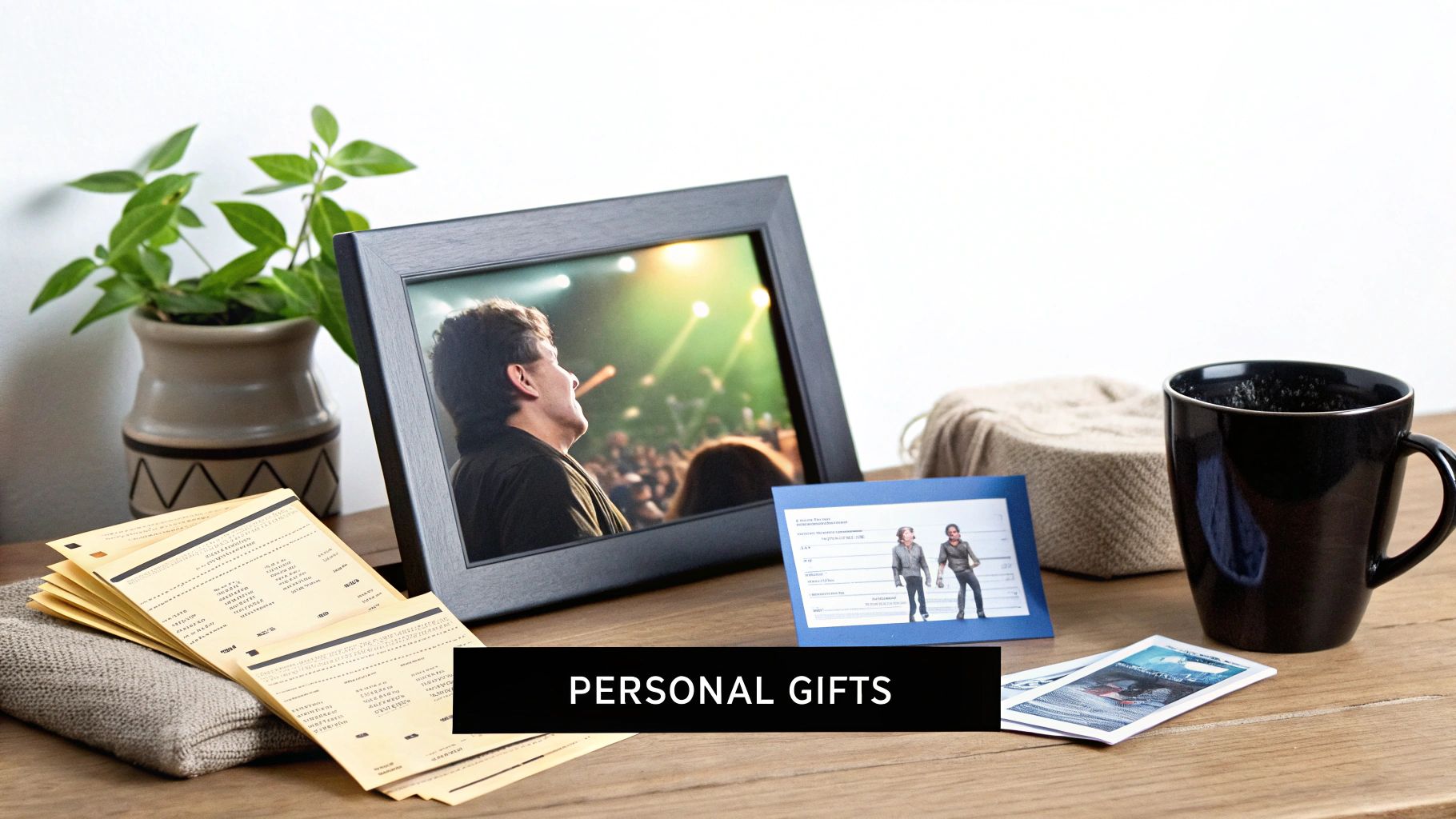 A collection of thoughtful personal gifts, including a framed photo, custom cards, and a mug, on a wooden desk.