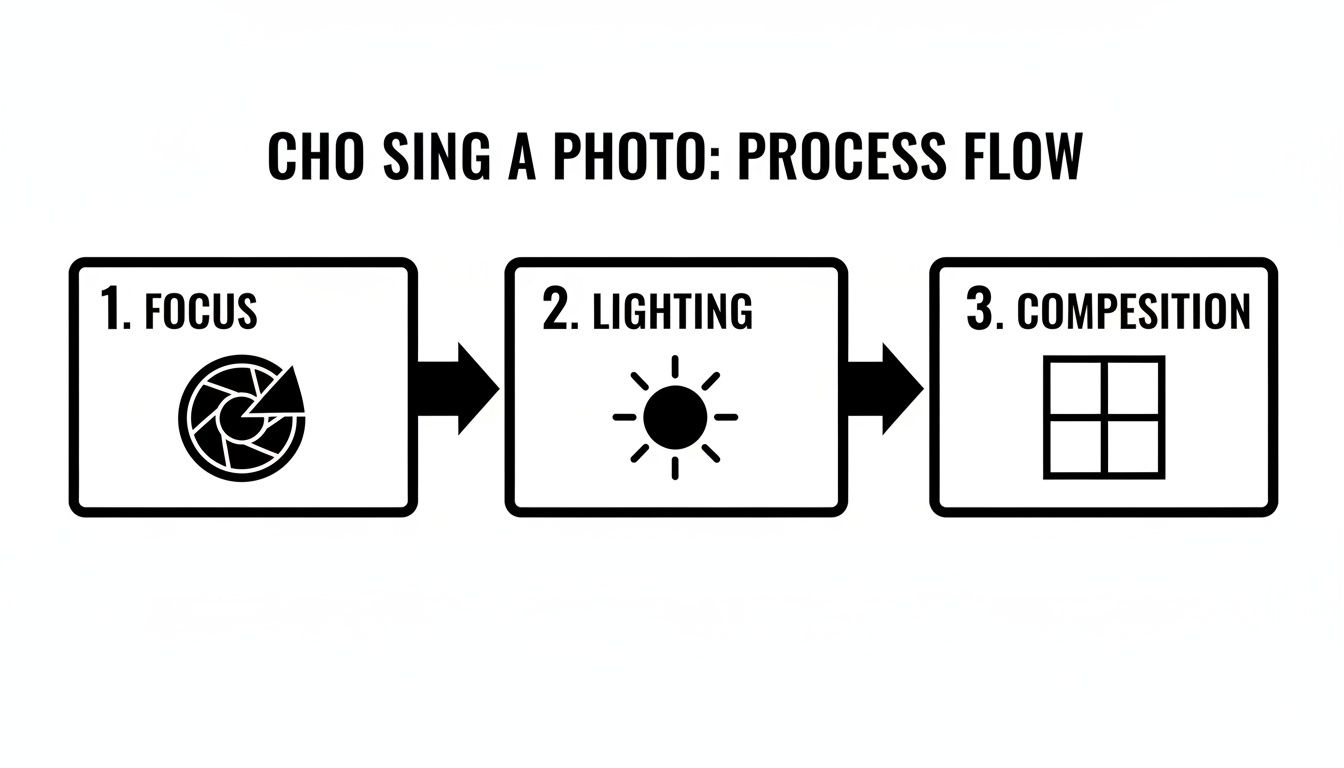A diagram illustrating the three-step process of choosing a photo: Focus, Lighting, and Composition, with icons.