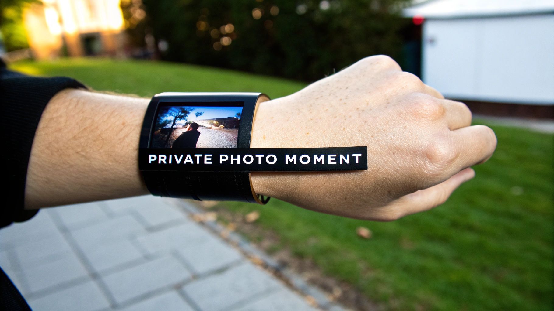 A person's wrist wears a black smart band displaying a private photo with text 'PRIVATE PHOTO MOMENT'.