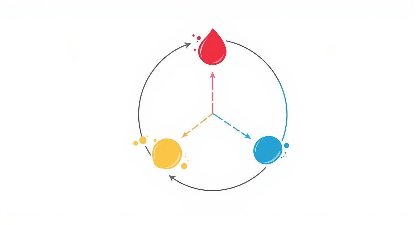 A colorful diagram illustrating primary colors red, yellow, and blue in a circular arrangement with arrows.
