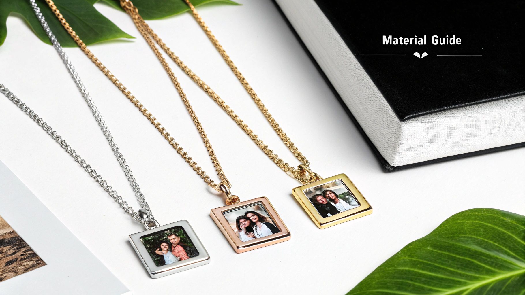 A close-up of different photo charm necklaces in sterling silver, gold, and rose gold finishes.