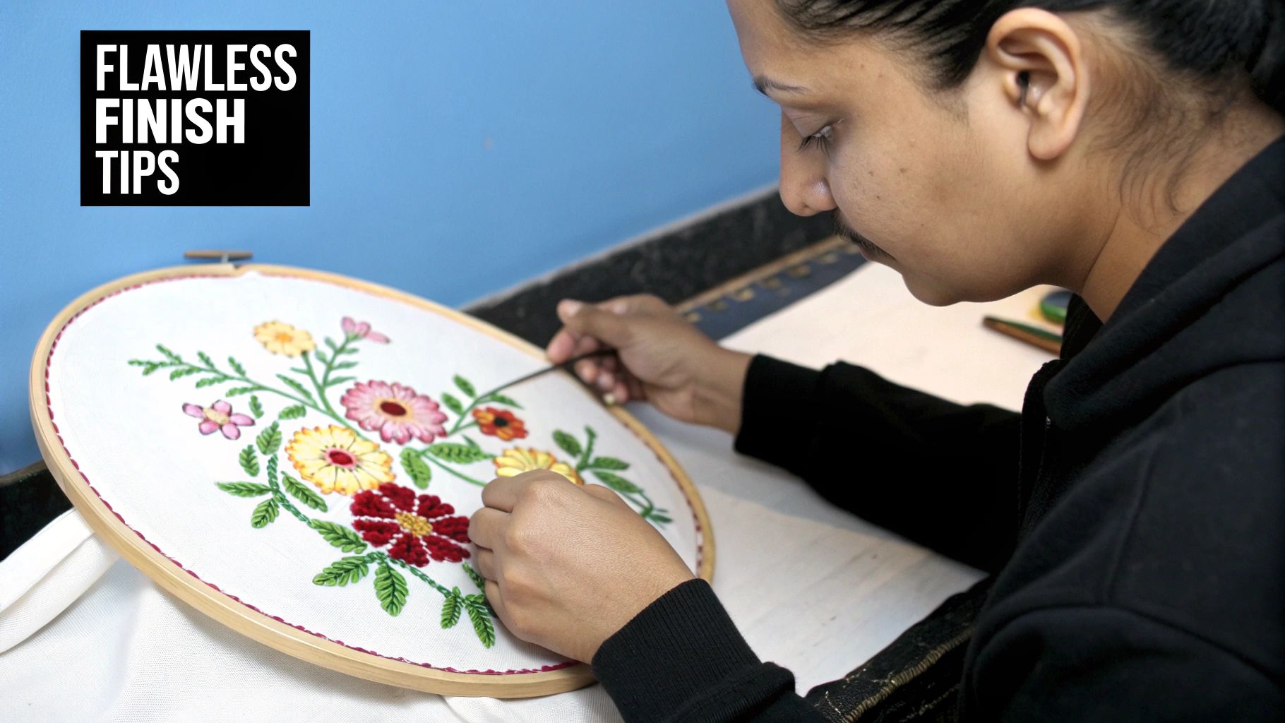 A close-up shot of perfectly executed backstitching on a cross-stitch project, showing clean lines and even tension.