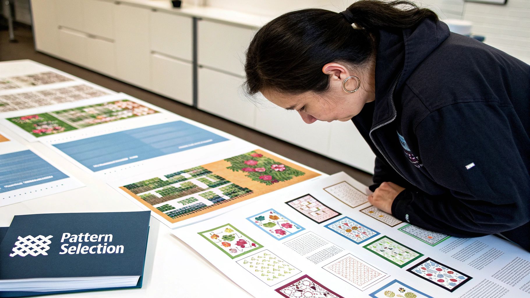 A person looking at various cross stitch patterns on a tablet