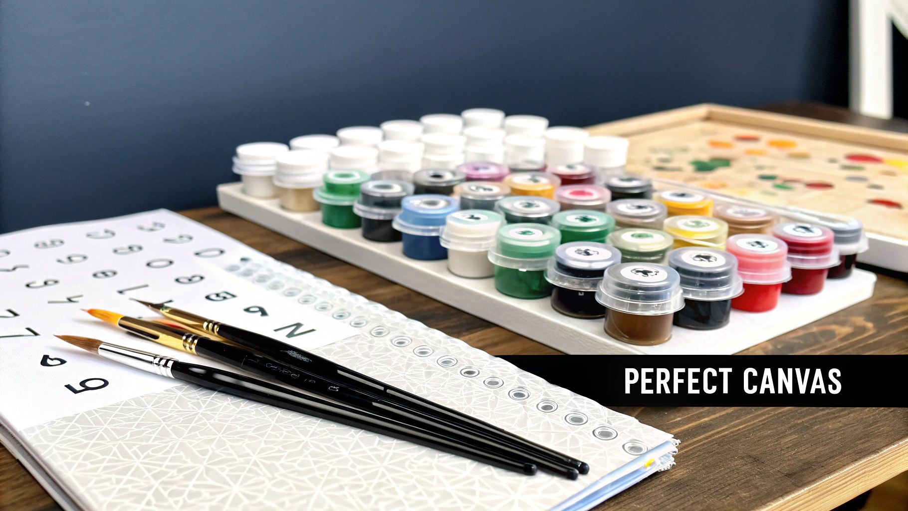 Art supplies for an advanced paint by number kit, featuring colorful paints, brushes, and a numbered canvas.