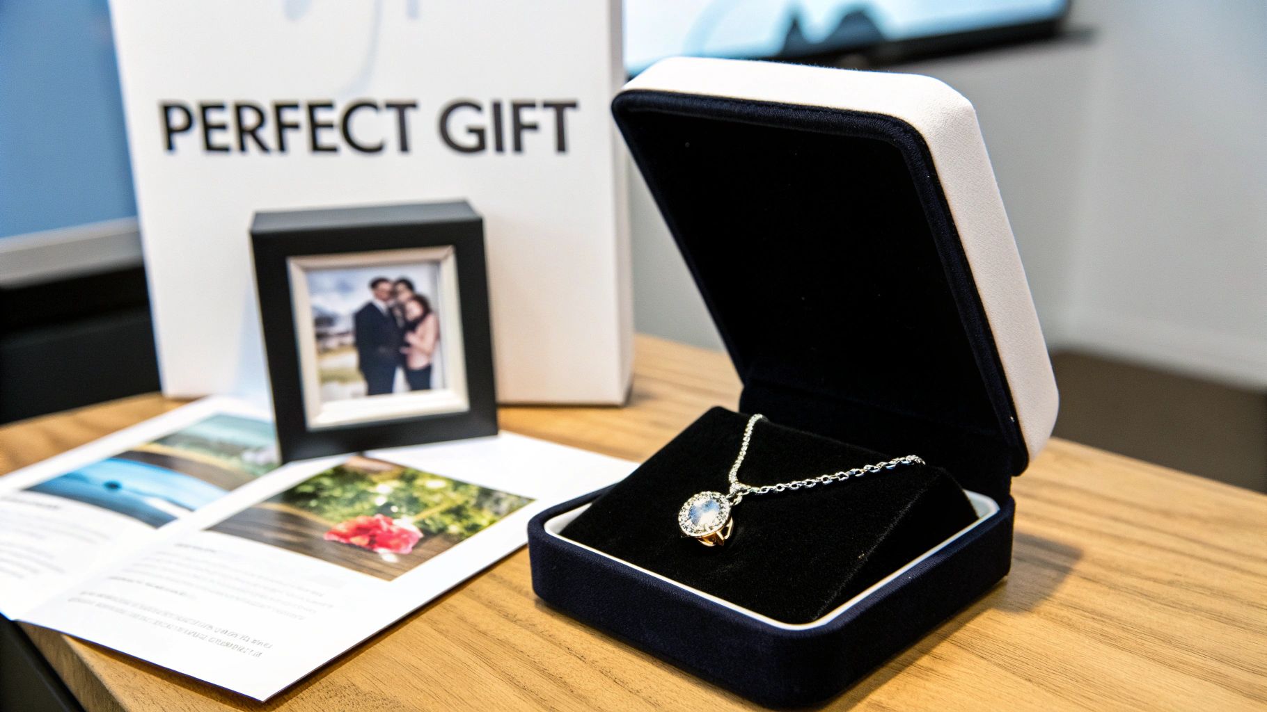 A silver necklace with a personalized photo pendant in an open gift box, next to a photo frame.