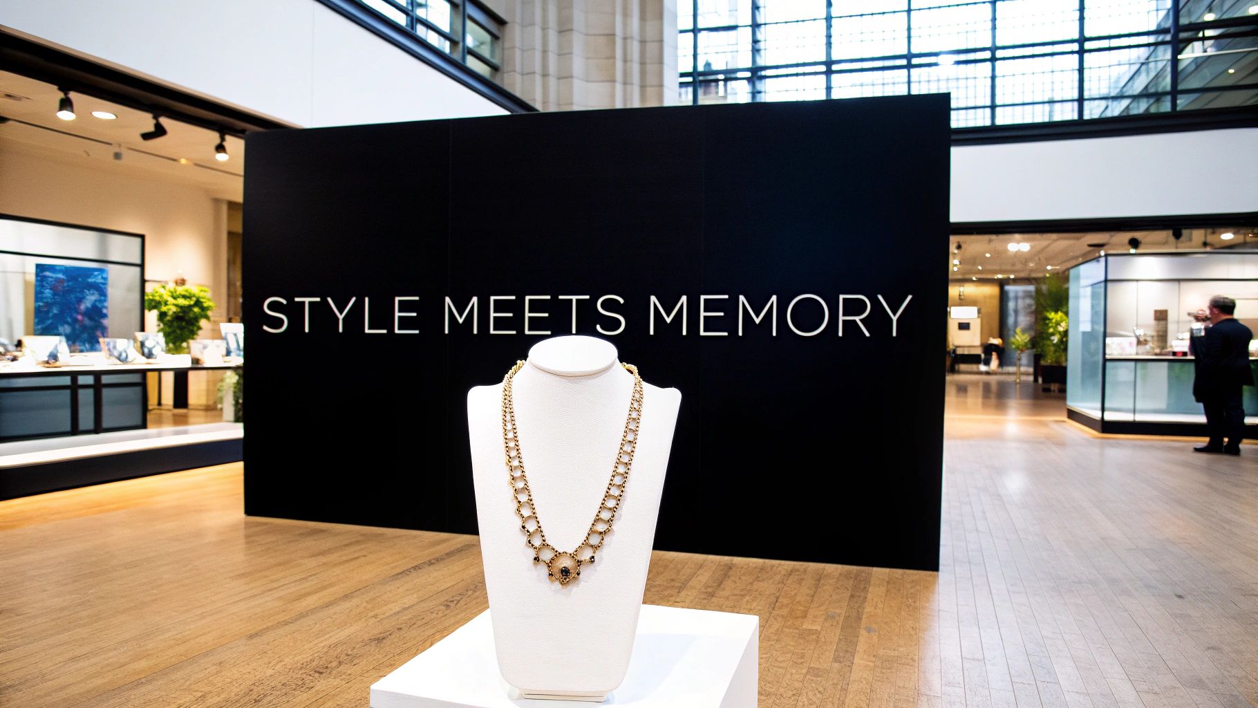 A gold necklace on a white display stand in front of a black sign that reads 'STYLE MEETS MEMORY' in a museum.
