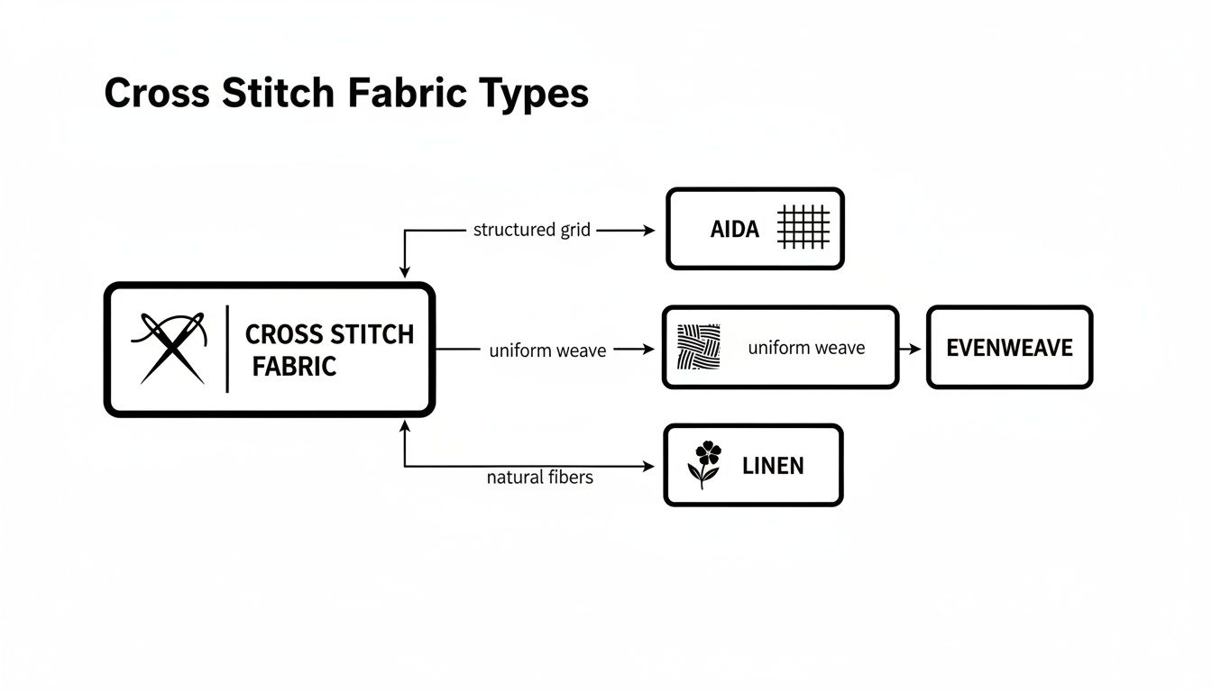 A diagram illustrating different cross stitch fabric types, including Aida, Evenweave, and Linen.