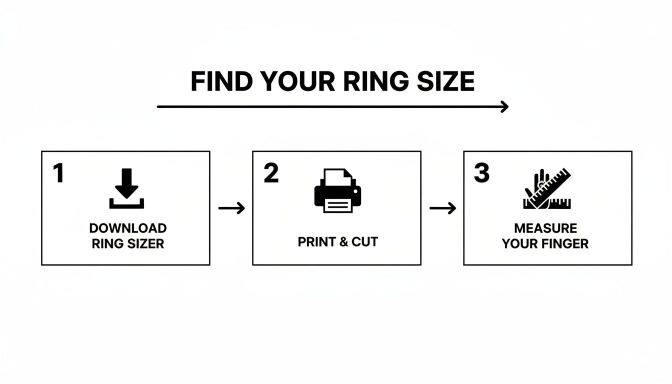 Three-step guide for finding your ring size: download, print, and measure.