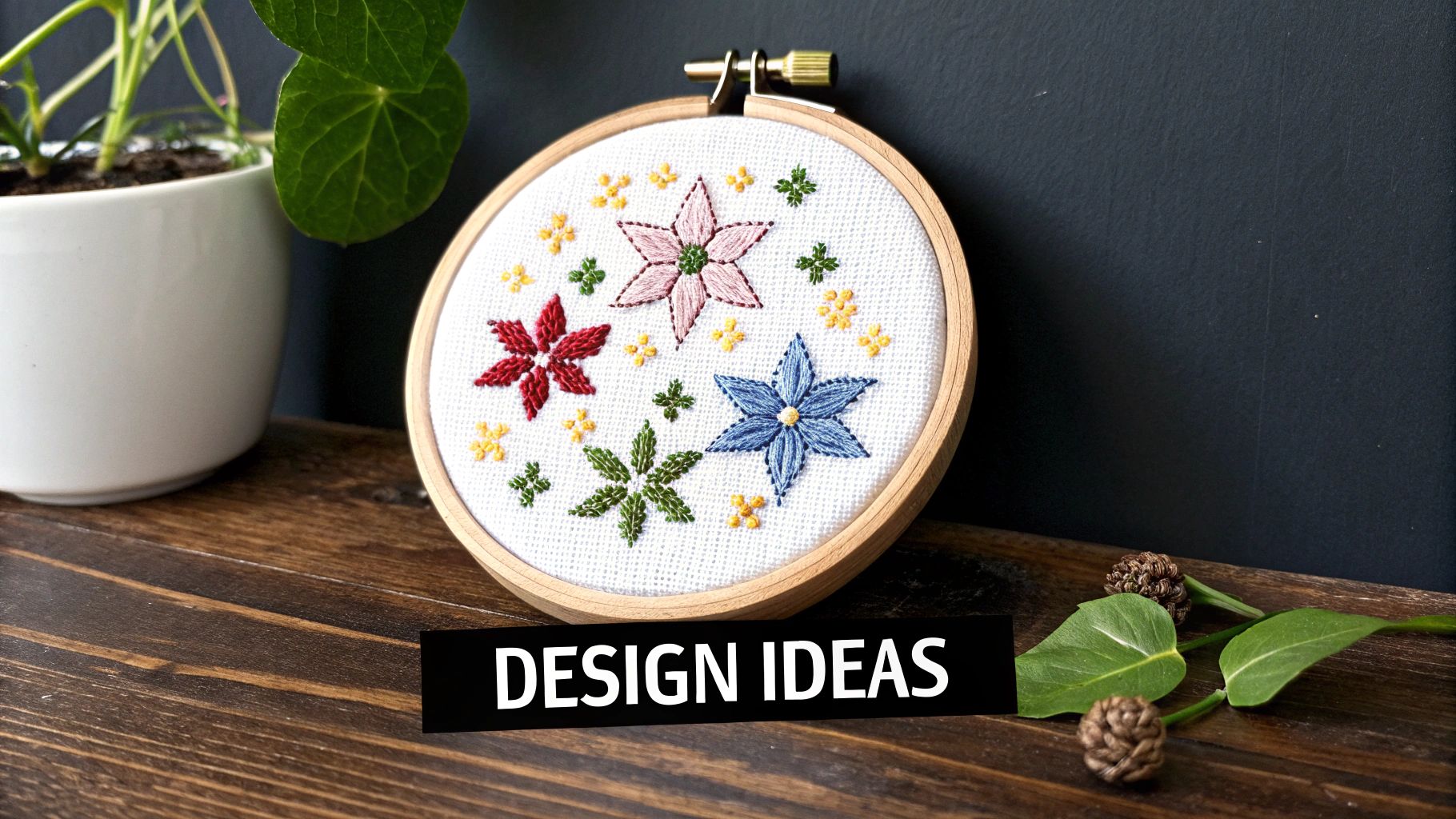 A beautiful cross stitch project with intricate French knots creating a textured floral design.