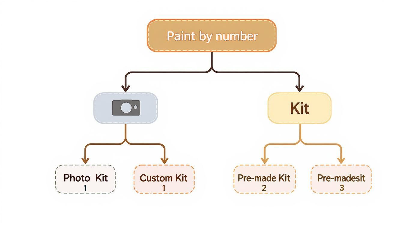 A flowchart showing paint by number kit options: Photo Kit, Custom Kit, Pre-made Kit, and Pre-madesit.