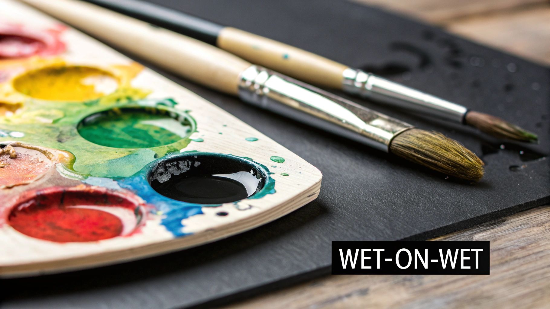 A close-up of a paint palette with vibrant acrylic colors being mixed together.