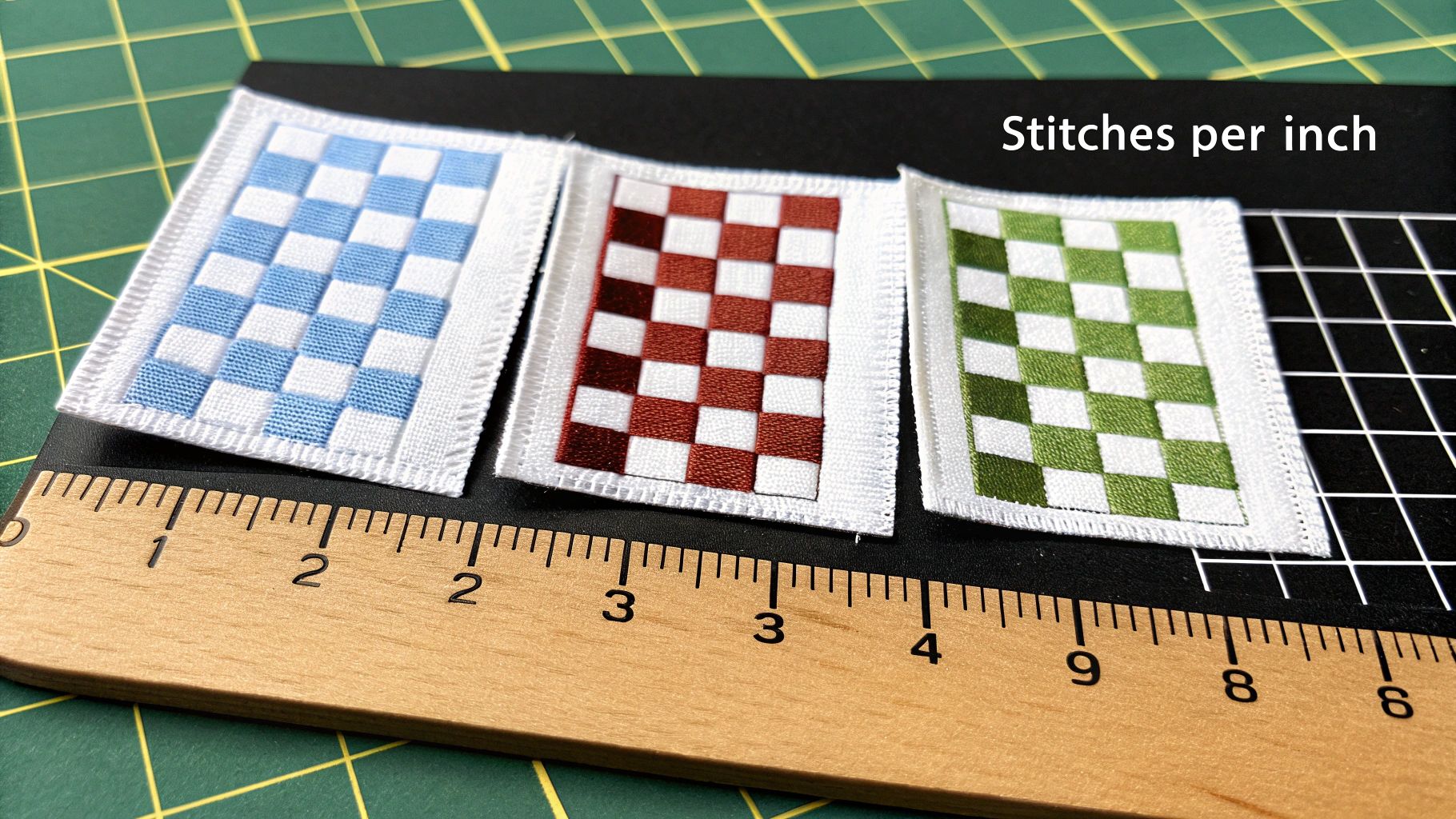 Several rolls of Aida fabric in different colors and counts stacked on a table.