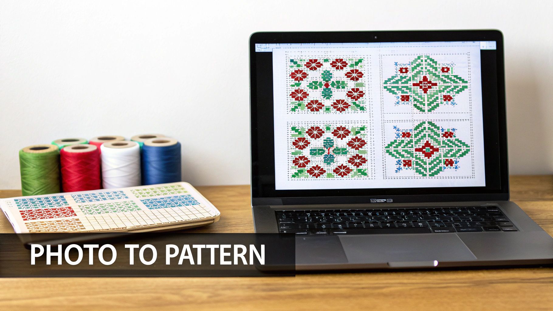 A laptop displays digital cross-stitch patterns, alongside spools of colorful DMC thread and a swatch book.