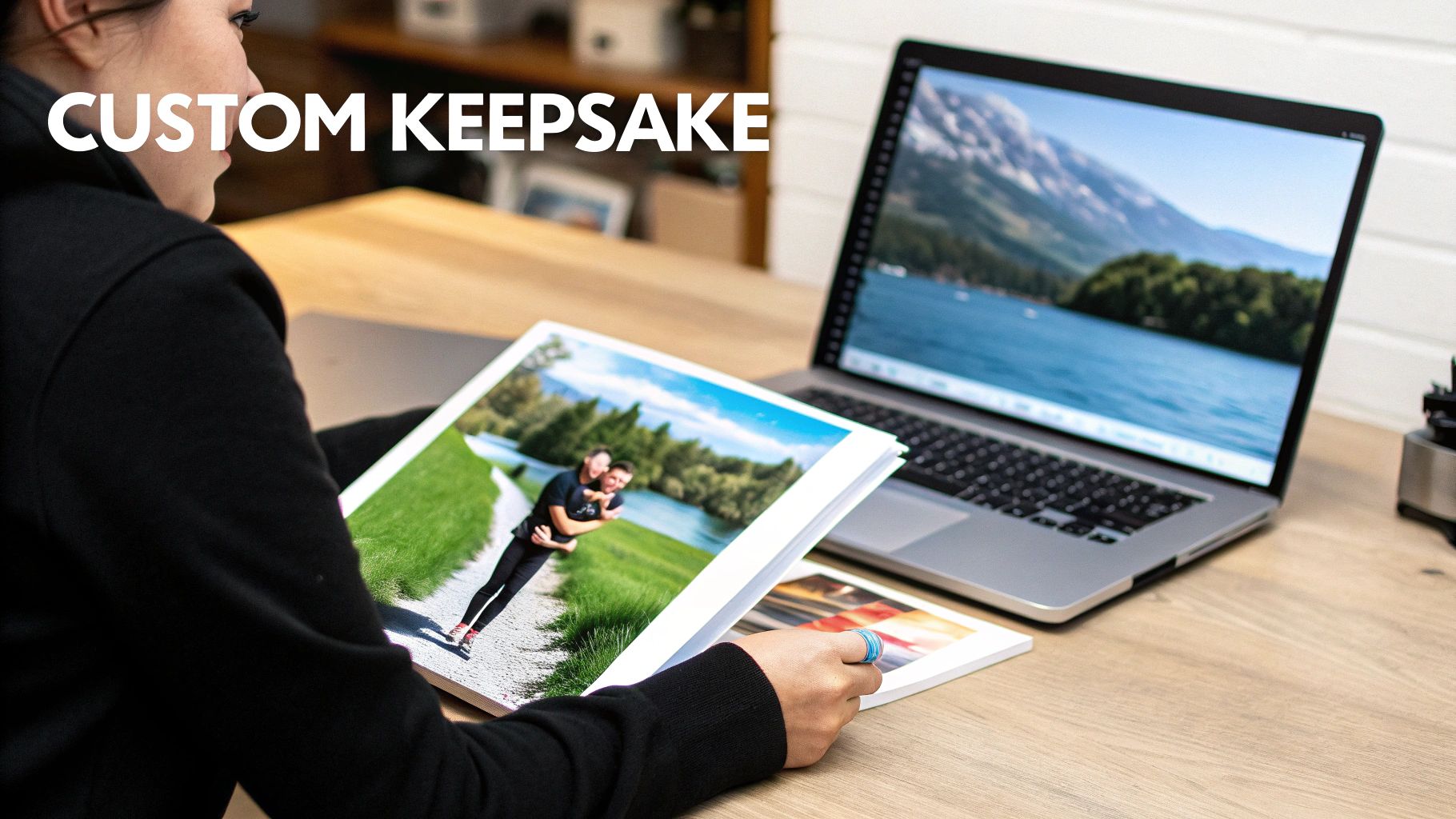 A person holds a custom photo album featuring a couple, with a laptop displaying a scenic landscape.